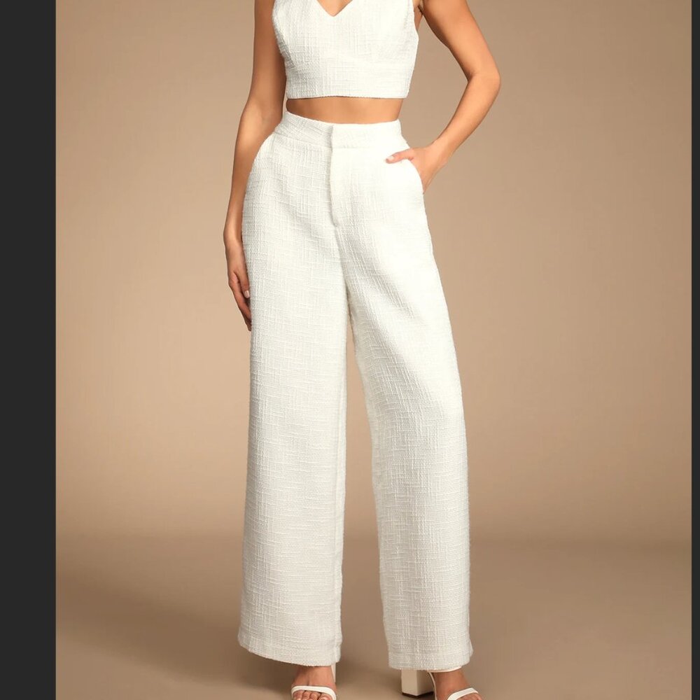 Lulus Chic and Sophisticated Ivory Tweed Wide-Leg Pants